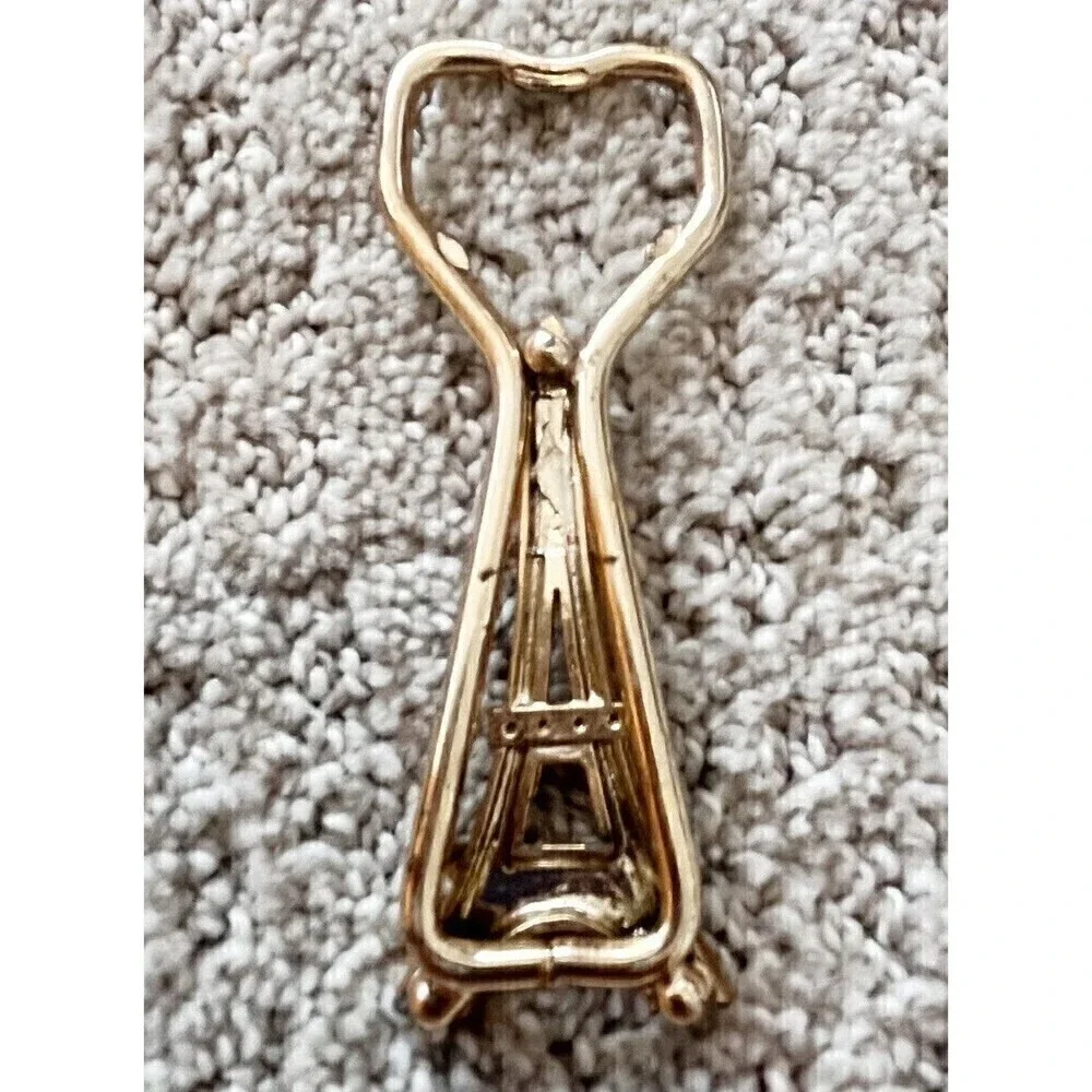 Vintage Eiffel Tower Bottle Opener Gold Green Gem Faux Emerald Paris France